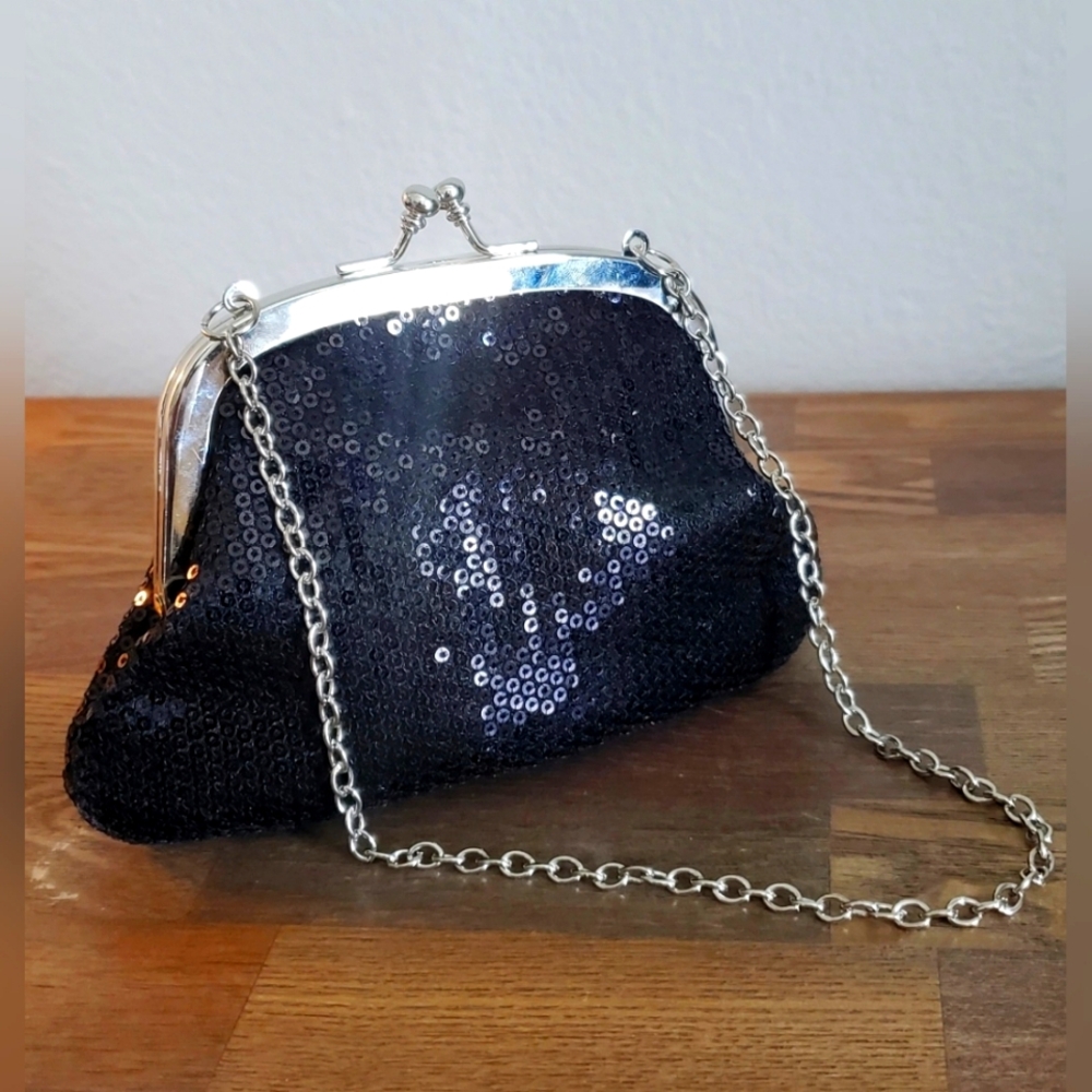 Elegant Black Sequin Evening Bag / Clutch Purse with Detachable Chain